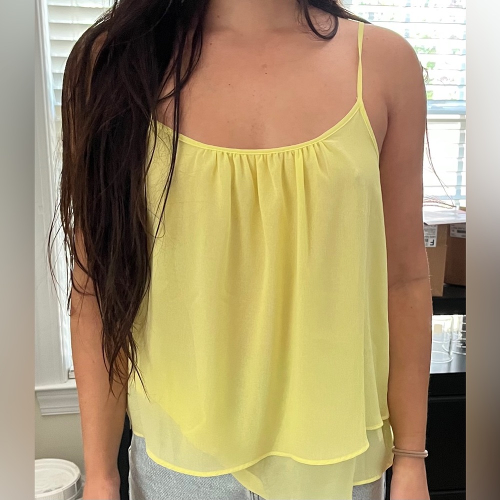Yellow chiffon swing cami asymmetrical hem flowy tank spaghetti strap